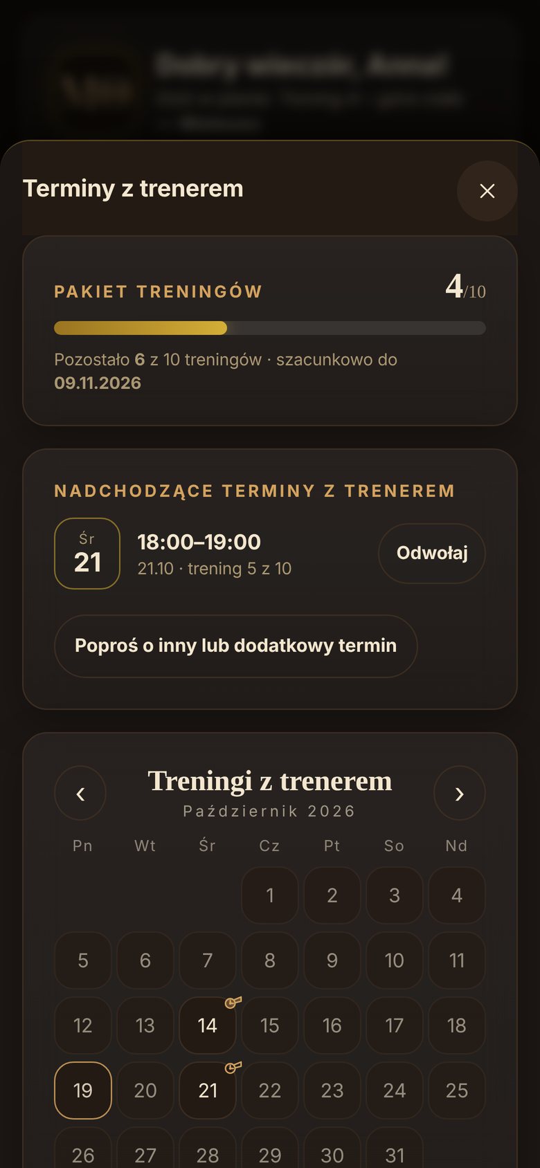 Ekran aplikacji MO: Terminy i pakiet