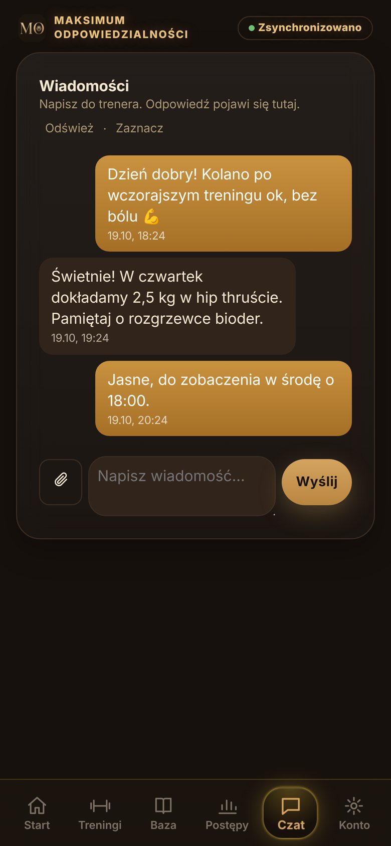 Ekran aplikacji MO: Kontakt z trenerem